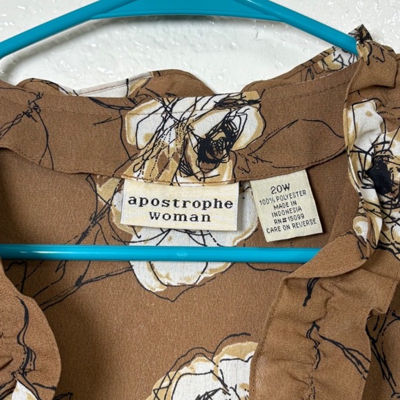 Apostrophe Woman Brown Floral Ruffle Blouse Plus Size 20W Long Sleeve - Picture 5 of 8